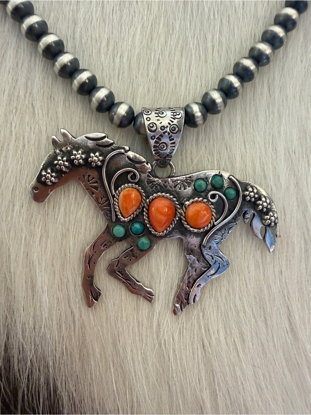 ❤️Spiny Oyster & Turquoise Sterling Hand Stamped Statement Running Horse Pendant